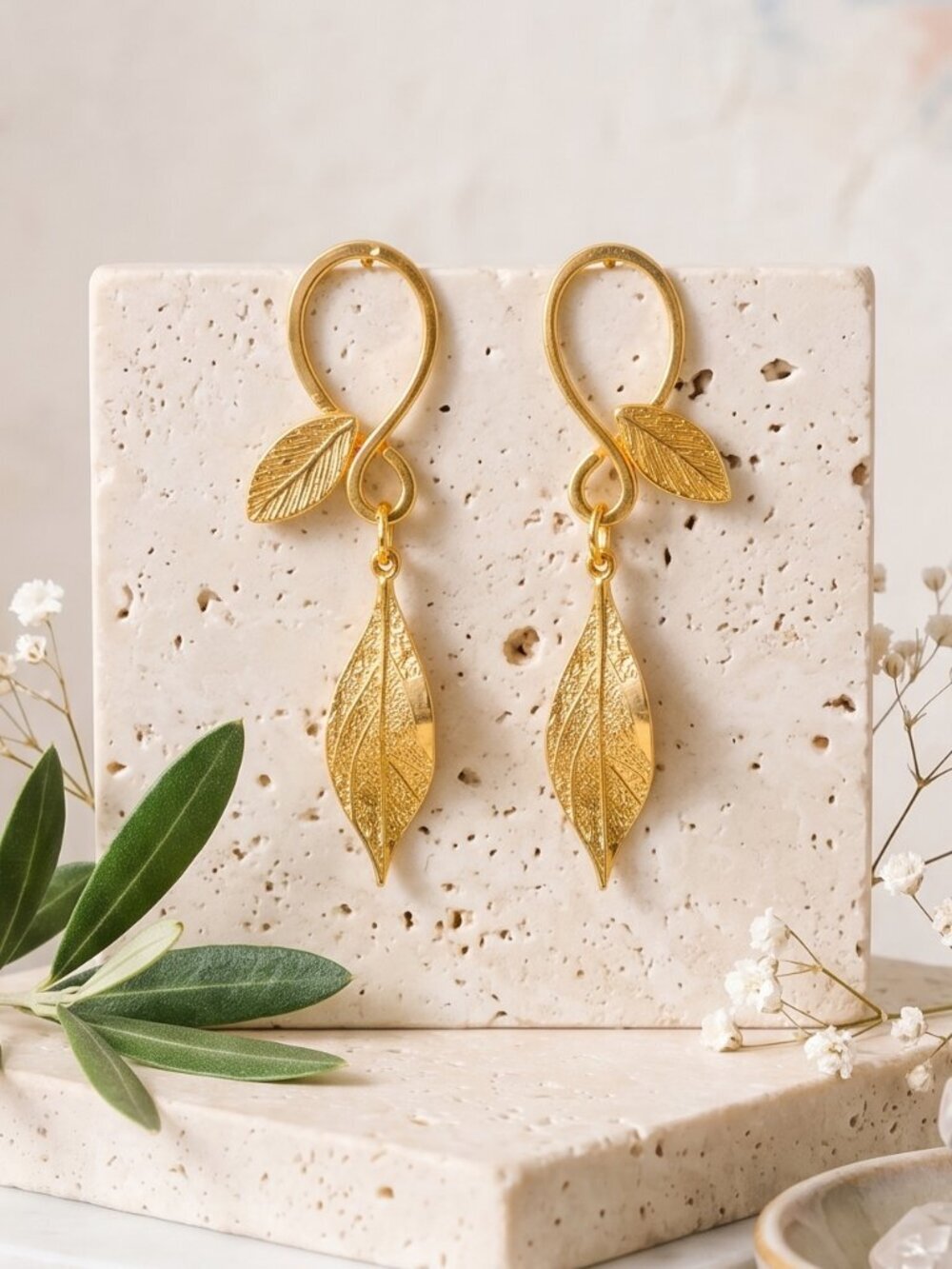 Turkish Gold Leaf Drop Earrings 18K Plated Brass Boho Statement Dangle Handmade - Picture 4 of 17